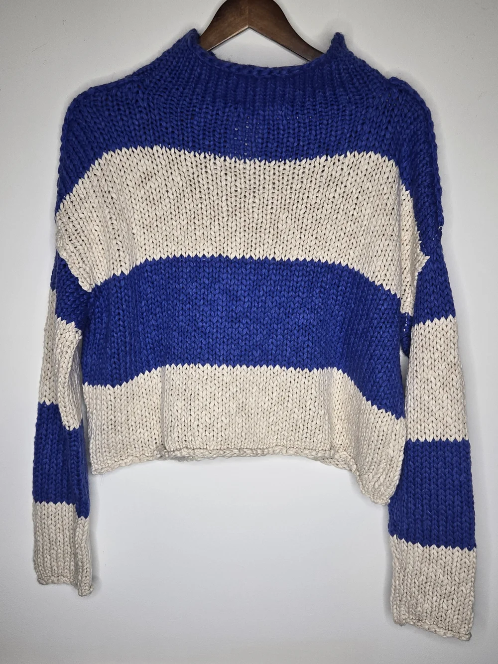 NWT Free People Opal Rollneck Knit Stripe Sweater Cobalt Blue Cream Rugby Top -S